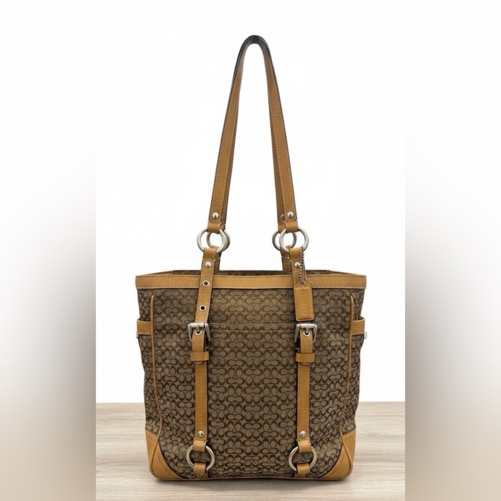 Coach Signature Soho Brown Jacquard Canvas Tan Patent Leather trim Tote  **READ*